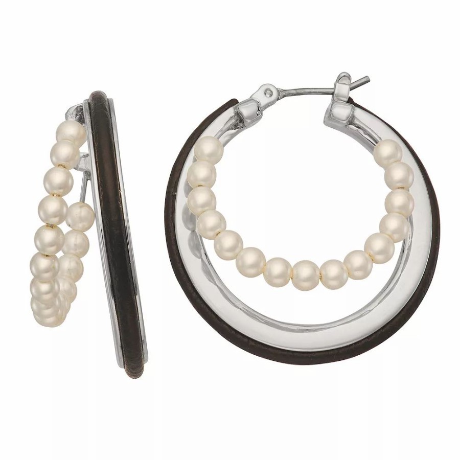 Jewelry * | Simply Vera Vera Wang Silver Tone Simulated Pearl & Leather Layered Hoop Earrings