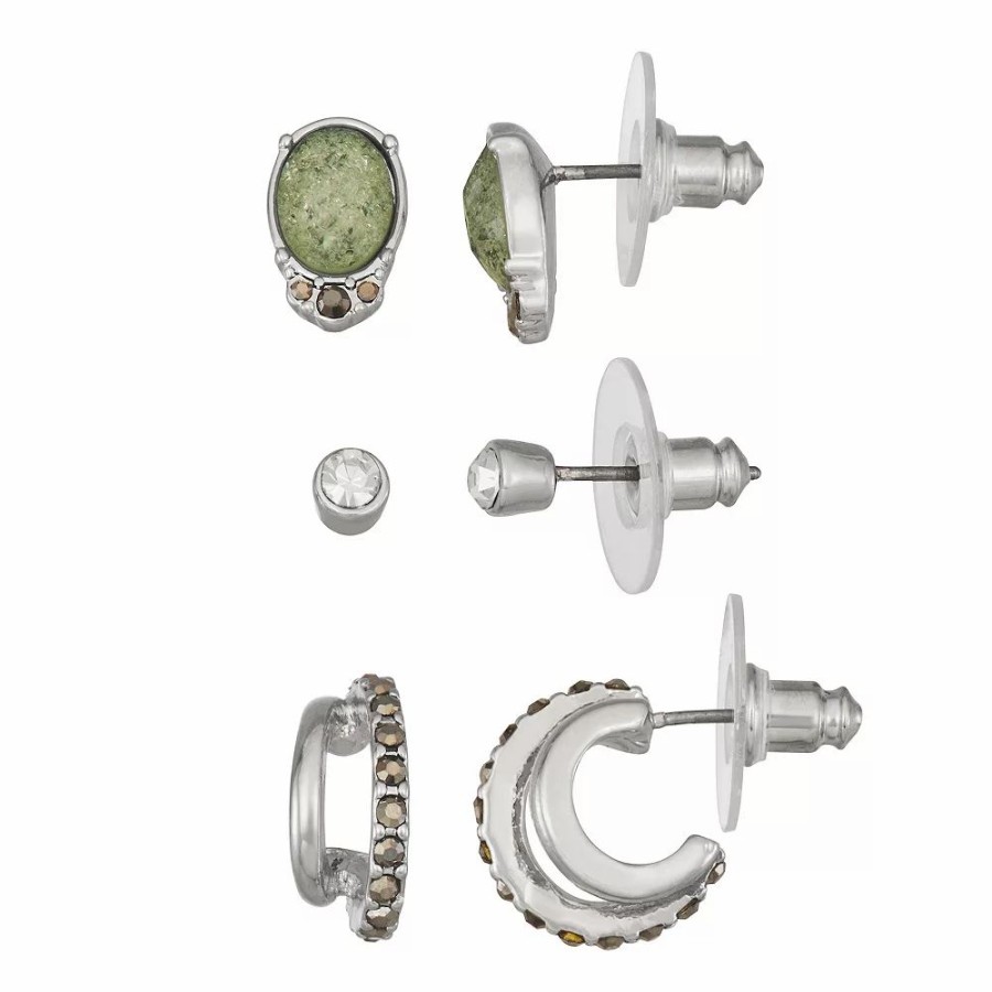 Jewelry * | Simply Vera Vera Wang Silver-Tone Green Stone Earring Trio