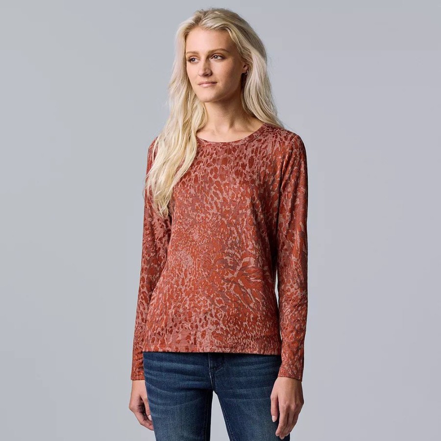 Clothing * | Petite Simply Vera Vera Wang Textured Crewneck Tee Aged Wine