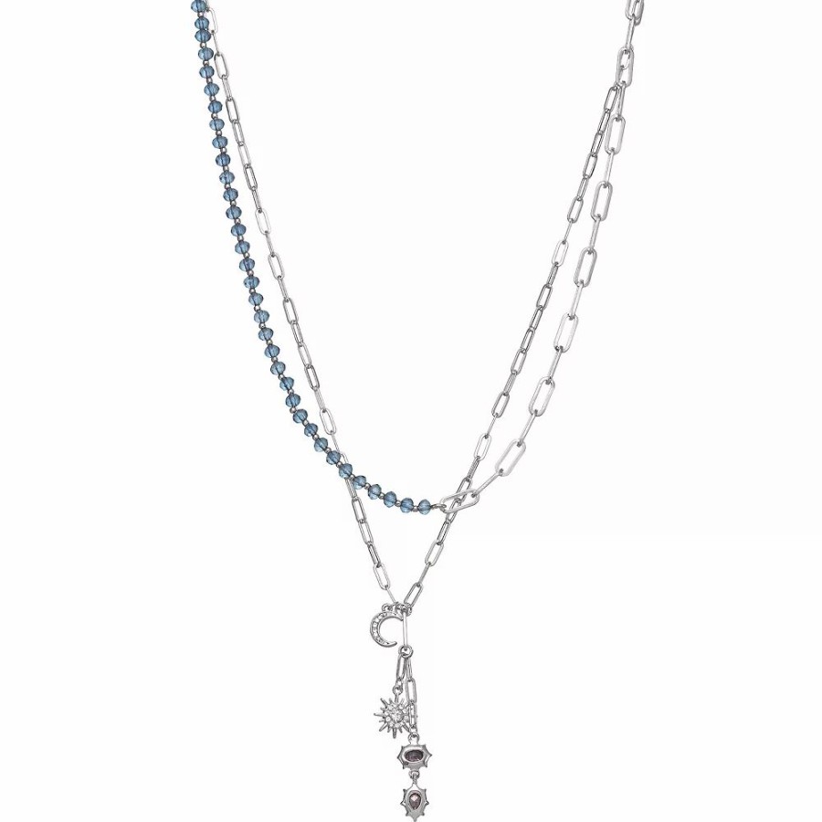 Jewelry * | Simply Vera Vera Wang Silver Tone Blue & White Crystal Celestial Charms Multi-Strand Necklace