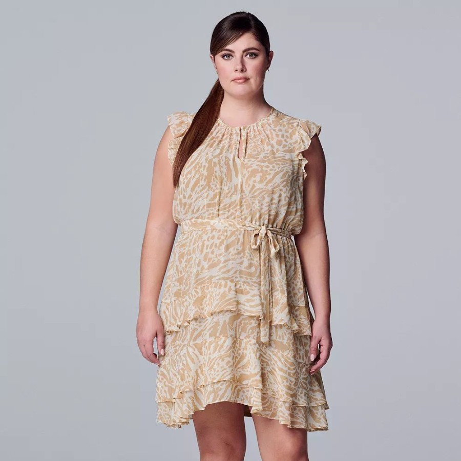 Clothing * | Plus Size Simply Vera Vera Wang Tiered Sleeveless Dress Texture Animal