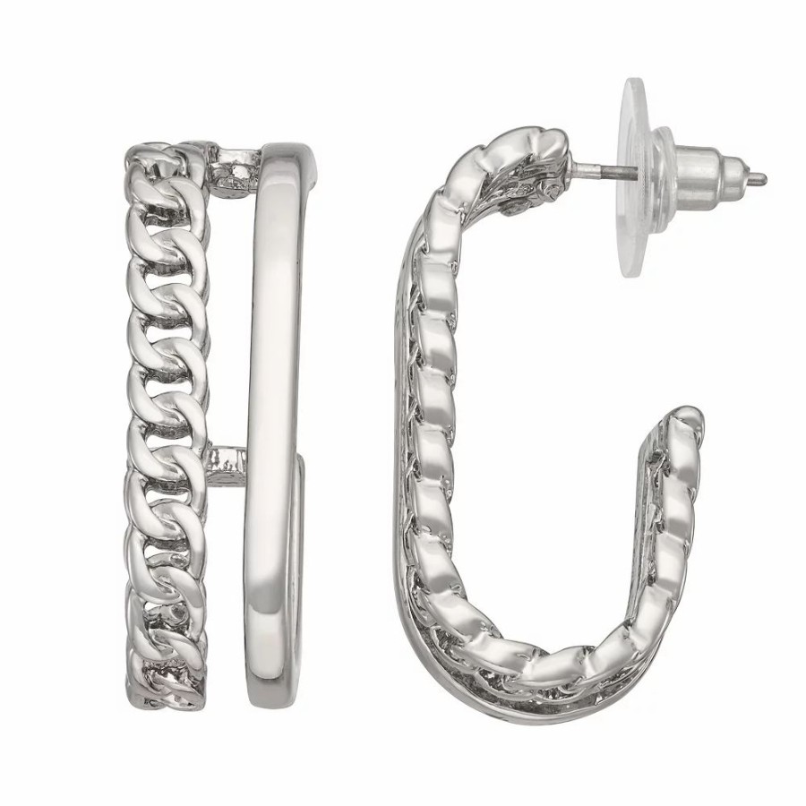 Jewelry * | Simply Vera Vera Wang Silver Tone Curb Chain Double Row Oval C-Hoop Earrings