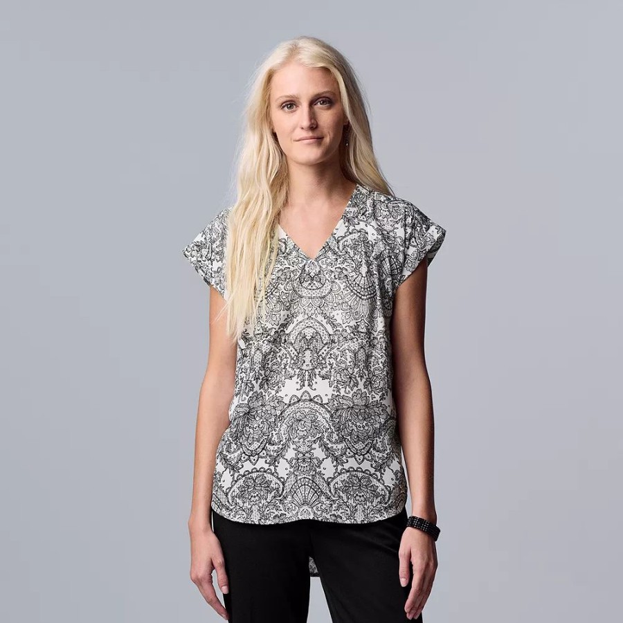 Clothing * | Petite Simply Vera Vera Wang V-Neck Popover Top Floral Lace